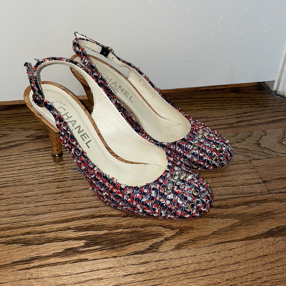 Chanel tweed sling back shoe